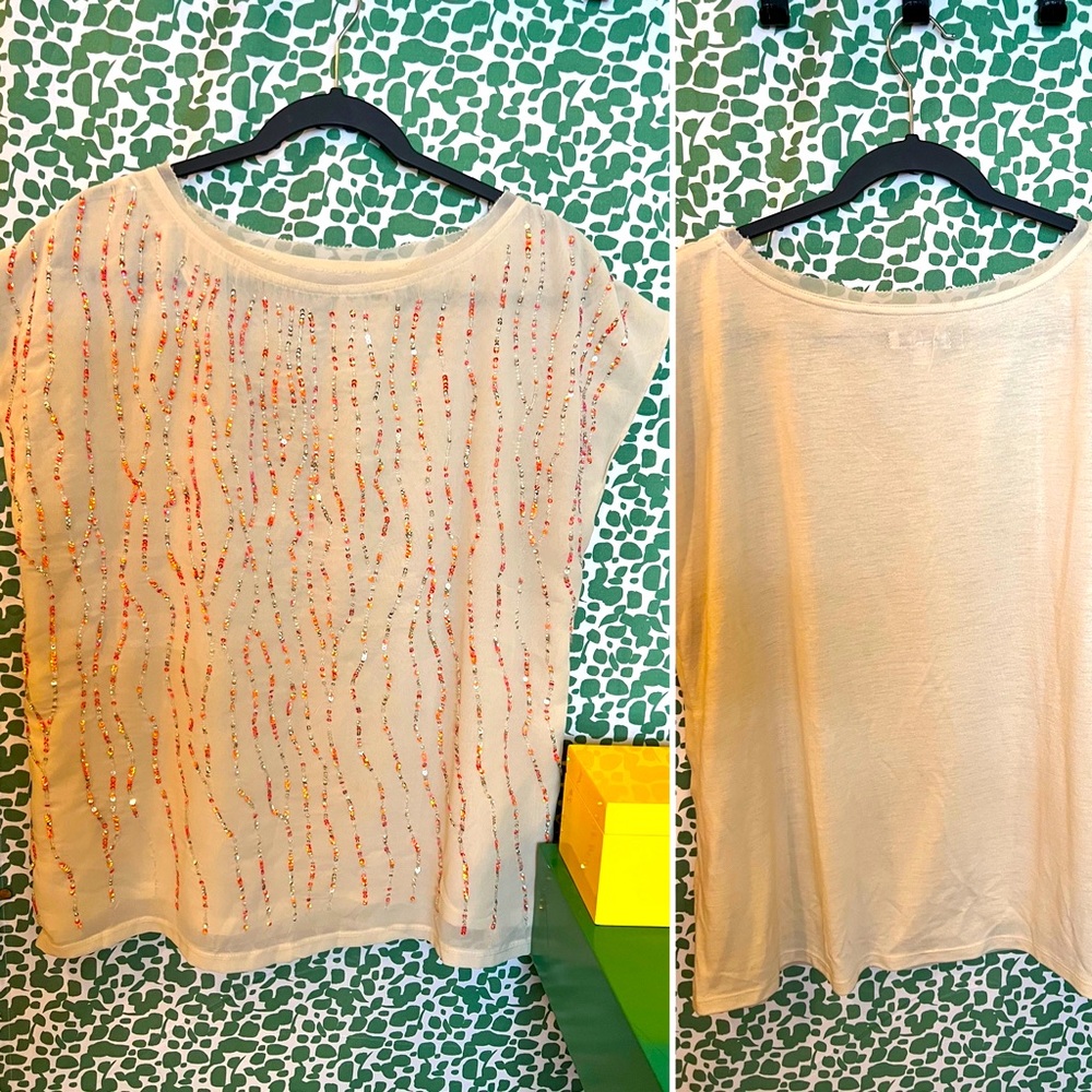 EUC Jennifer Lopez Green colored w/front outer layer has sewn on sequins blouse!